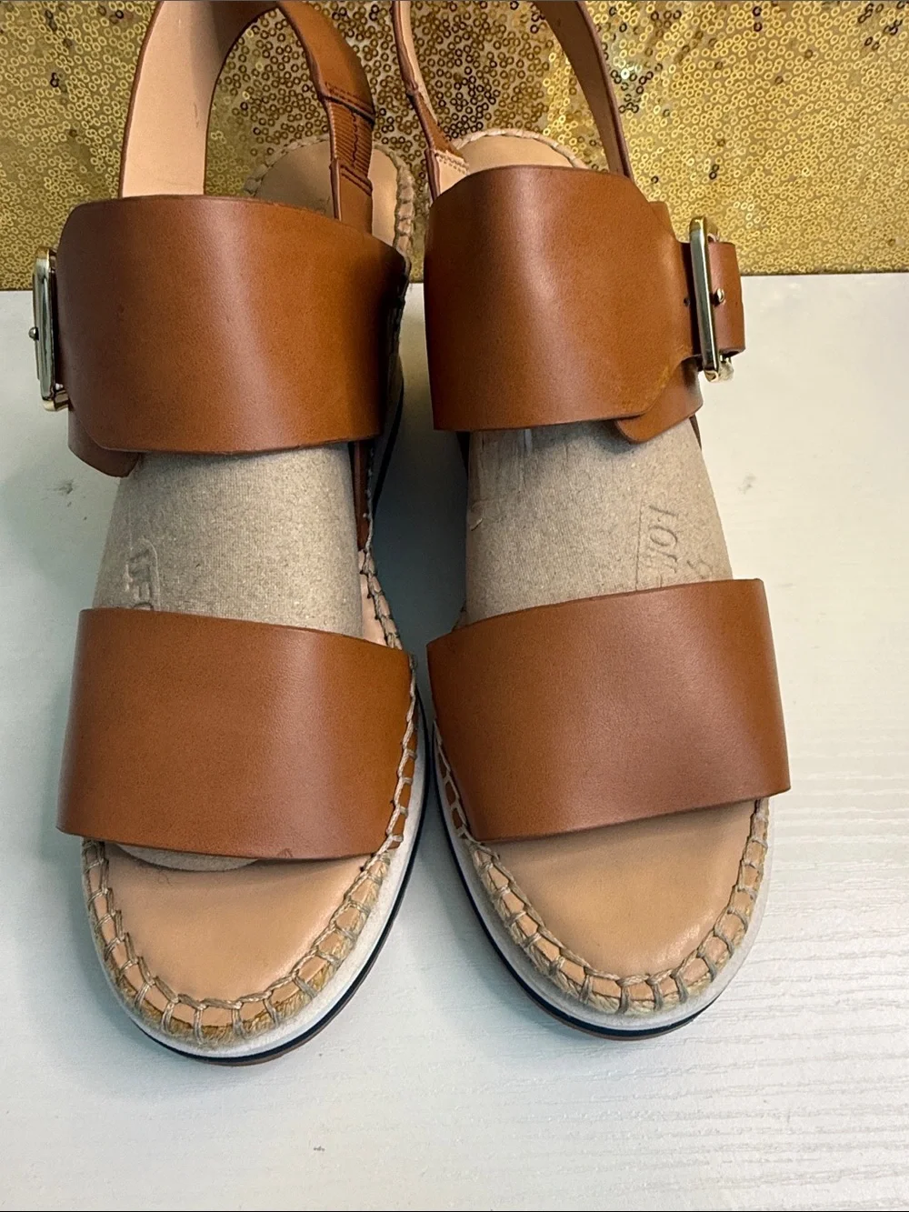 Tommy Hilfiger Cognac Leather Espadrille Wedge Sandals